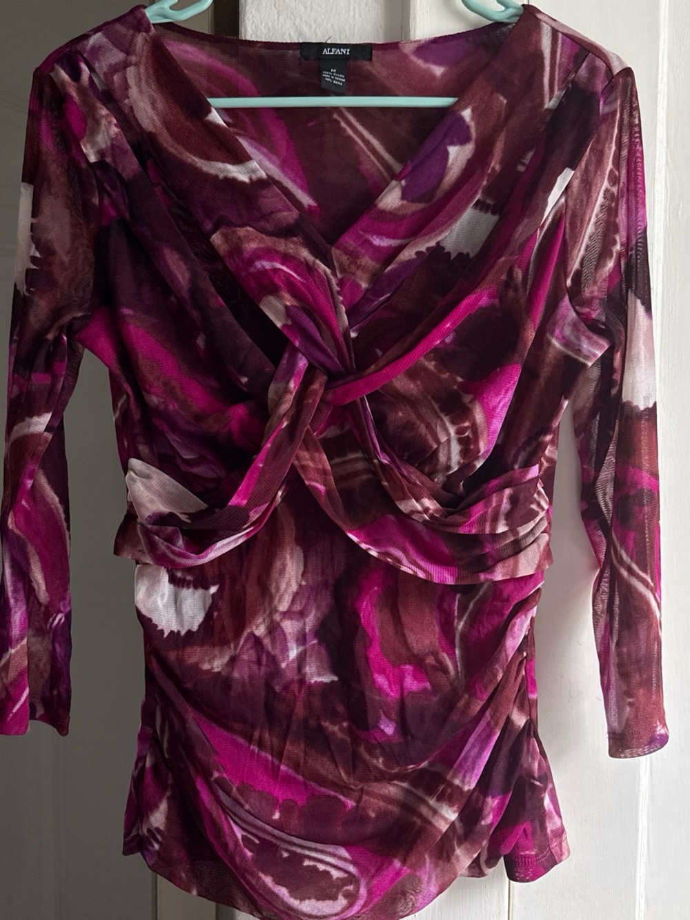 Alfani Magenta and Brown Twist-Front V-Neck Long Sleeve Blouse